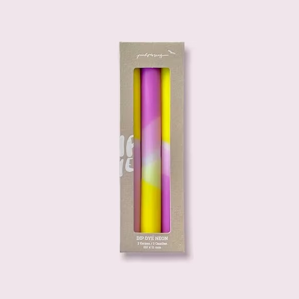 pack en carton de 3 chandelles de 21cm mauve blanc jaune